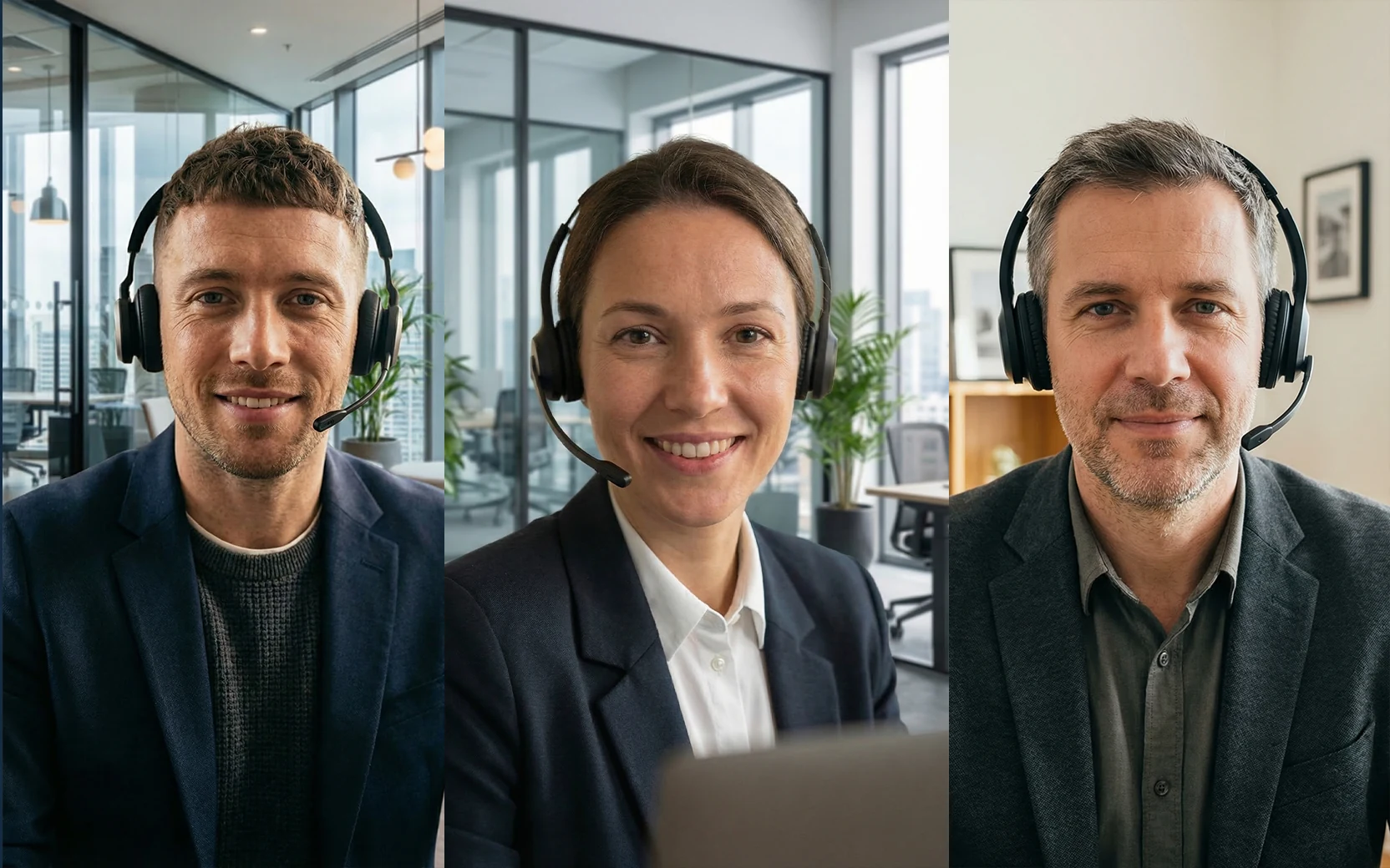 KI-generiertes Creative: drei Personen mit Headsets als Sinnbild für Voice Agents und Chatbots aus dem ML-Vision-Projekt.